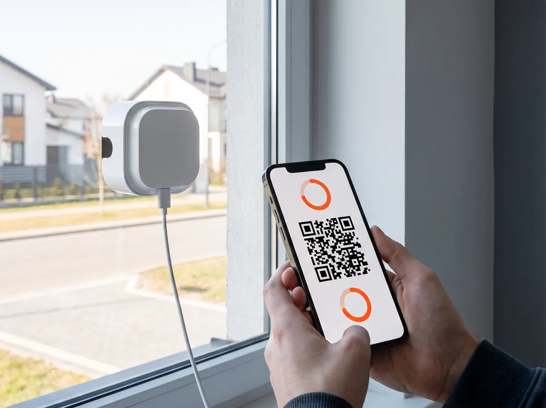 Telefon z kodem QR do sparowania kamery przy oknie